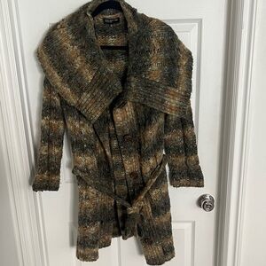 Jones New York Multicolor Knit Belted Coat in Brown and Gray